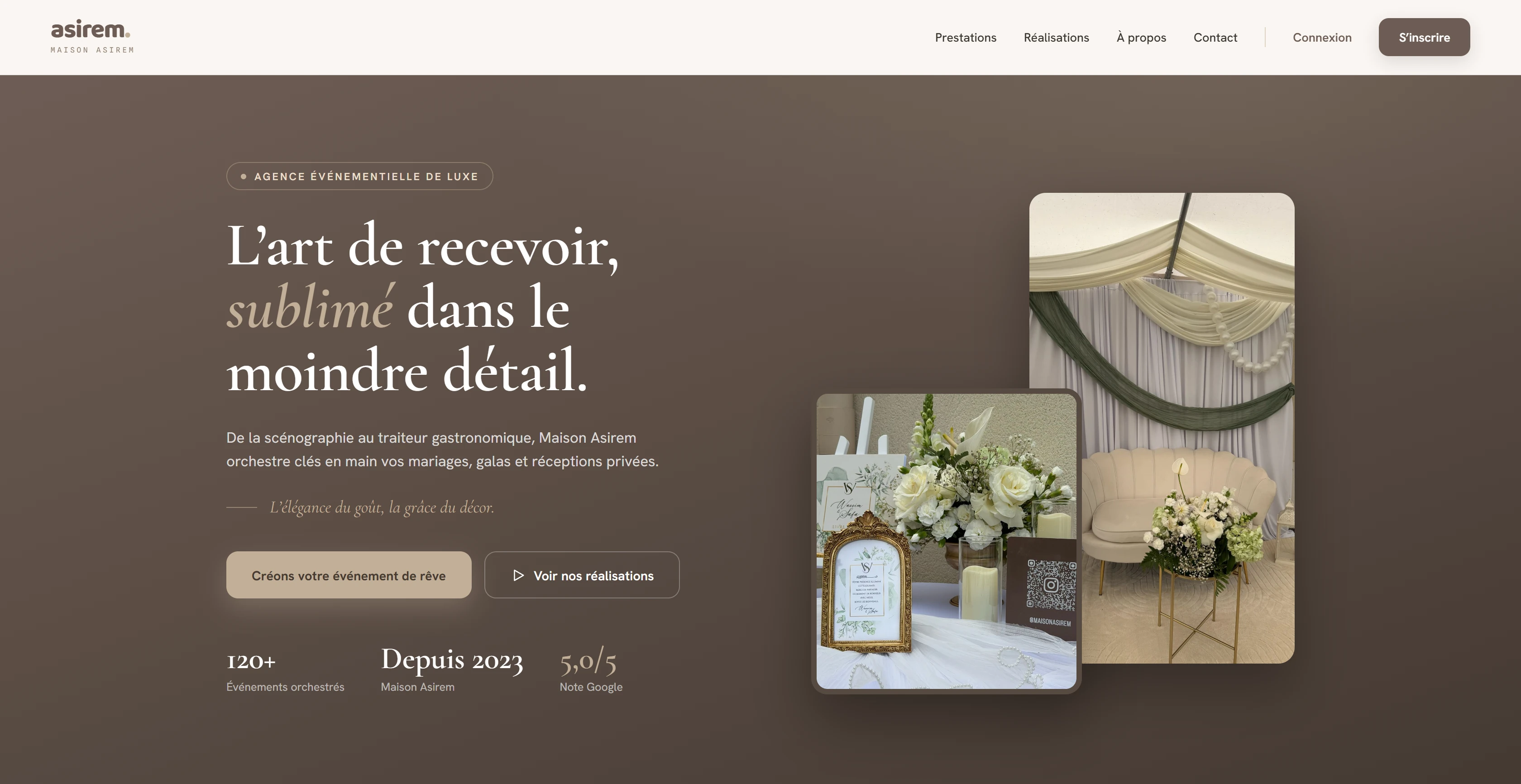 La page d’accueil de Maison Asirem : le site d’une agence événementielle haut de gamme, conçu et mis en ligne pour le client